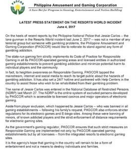 PAGCOR release statement on casino attack